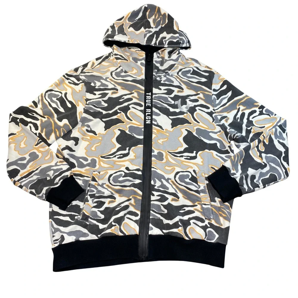 True Religion Mens Camo Swirl Full Zip Hoodie Black Gray XL
